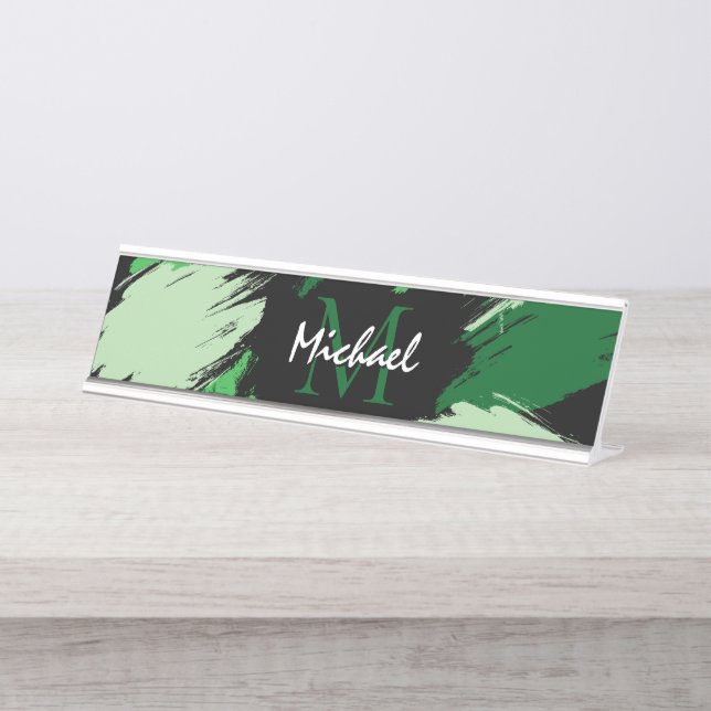 Porte-nom Pour Bureau Brosse nuances de nom vert avec monogramme (Devant)