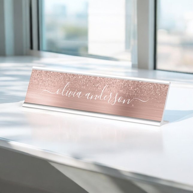Porte-nom Pour Bureau Brushed metal rose Gold Pink Glitter Monogram (Créateur téléchargé)