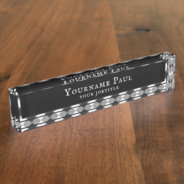 Porte-nom Pour Bureau Buffalo Check blanc et noir Carrés plaid (Taille)