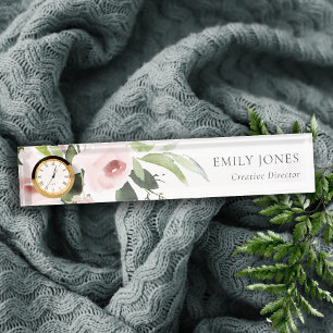 PORTE-NOM POUR BUREAU BUNCH FLORAL ROSE ROSE BLANC DOUX ET SOBRE À COUL