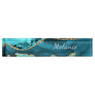Porte-nom Pour Bureau Bureau en marbre bleu turquoise Turquoise Nom Plaq