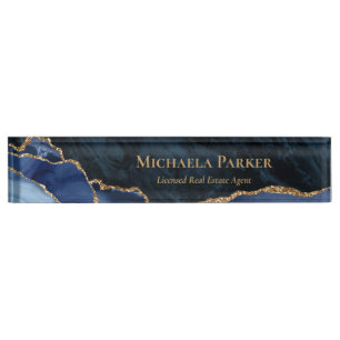Porte-nom Pour Bureau Bureau Immobilier Moderne Bleu Nuit Agate Dorée