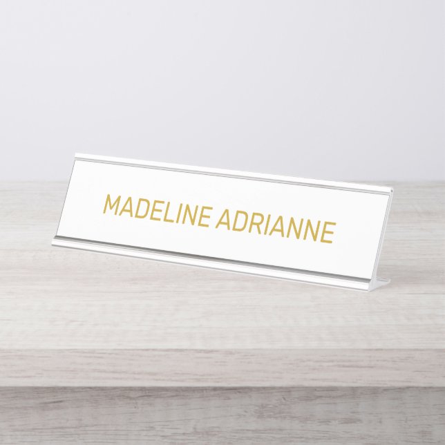 Porte-nom Pour Bureau Bureau Moderne Personnalisé Blanc & Or (Devant)