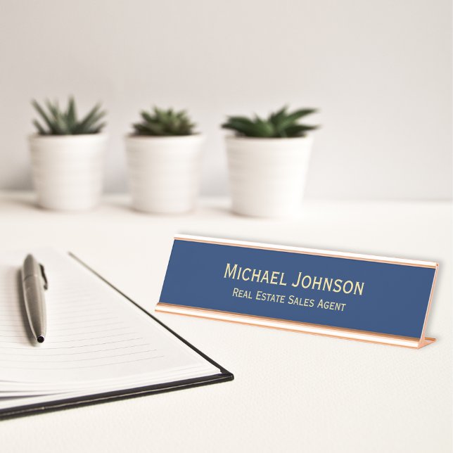 Porte-nom Pour Bureau Bureau professionnel moderne Navy Blue Or (Modern Navy Blue Gold Professional Business Office Desk Name Plate)