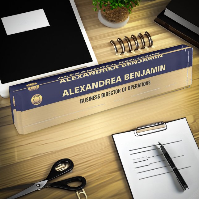 Porte-nom Pour Bureau Business Employee Logo Gold Blue Modern Custom (Business Employee Logo Gold Blue Modern Custom Desk Name Plate is elegant for your desk. )