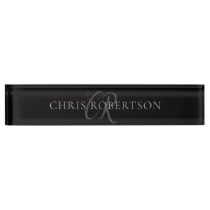 Porte-nom Pour Bureau Calligraphie Monogramme Nom Black Grey Cadeau pers