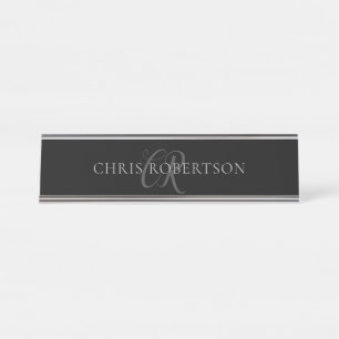 Porte-nom Pour Bureau Calligraphie Monogramme Nom Black Grey Cadeau pers