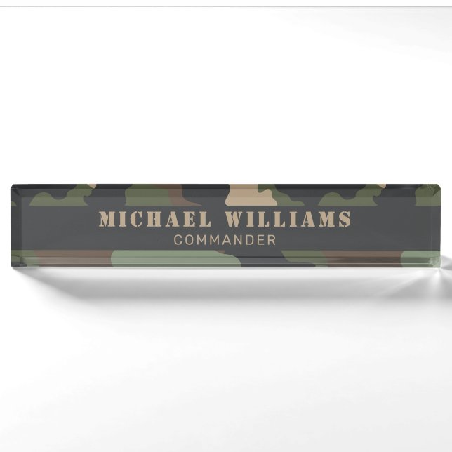 Porte-nom Pour Bureau Camouflage Woodland Camo Militaire Kaki Tan Black (Devant)