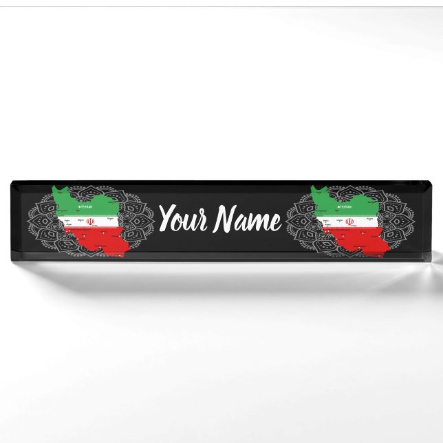 Porte-nom Pour Bureau Carte de l'Iran avec drapeau et emblème (Devant)