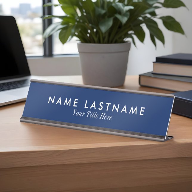 Porte-nom Pour Bureau Carte d'identité marine bleue minimaliste personna (With black metal finish)