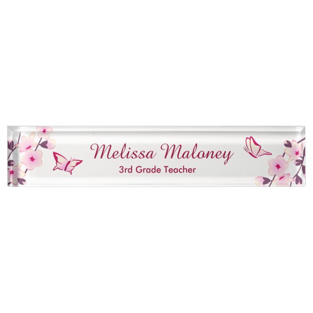Porte-nom Pour Bureau Cerise Fleur Papillon rose Blanc Enseignants (Devant)