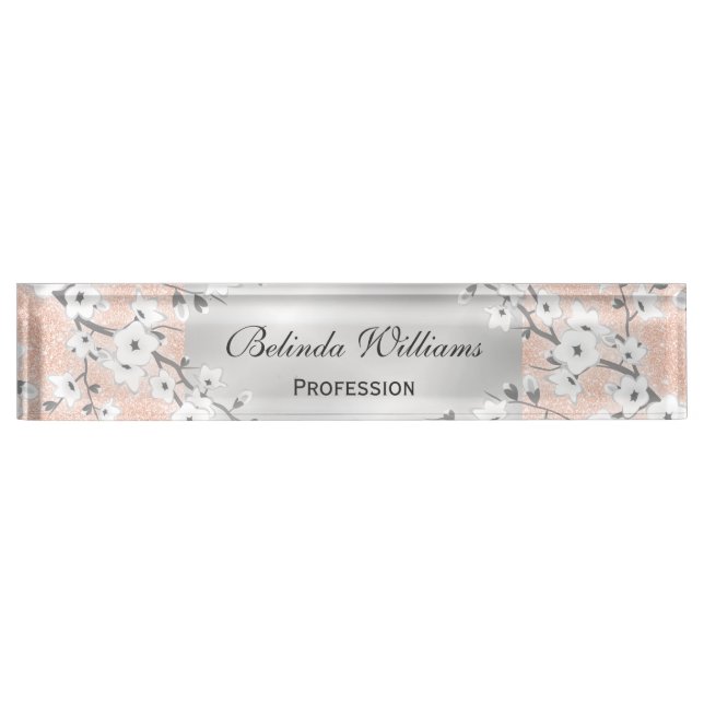 Porte-nom Pour Bureau Cerise Fleurs Rose Or Argent (Devant)