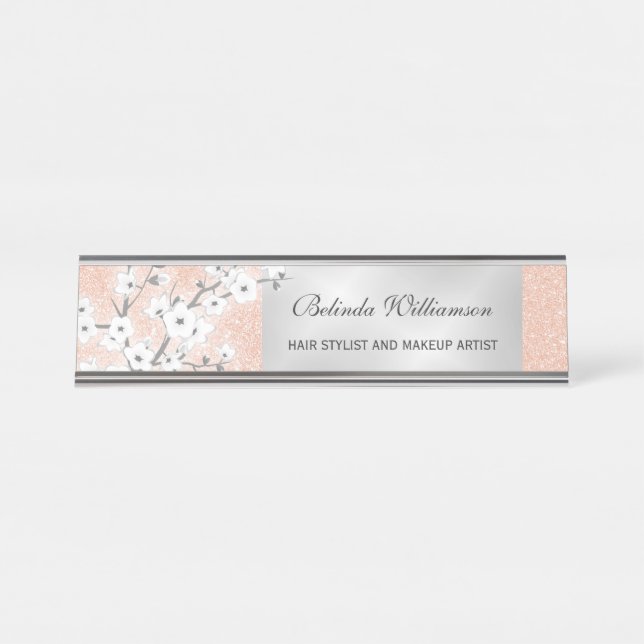 Porte-nom Pour Bureau Cerisier Blossom Rose Parties scintillant Or Cheve (Devant)