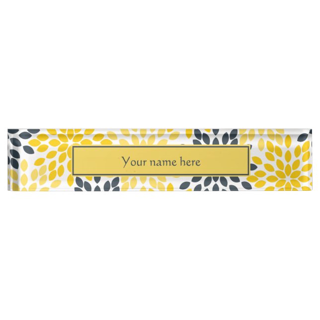 Porte-nom Pour Bureau Charbon jaune et gris Moderne Floral (Devant)