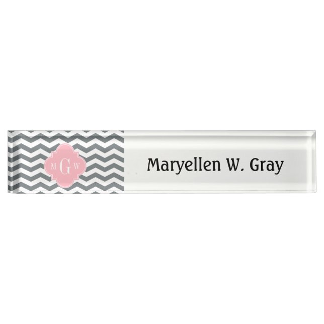 Porte-nom Pour Bureau Charcoal Thin Chevron Pink Quatrefoil 3 monogram (Devant)