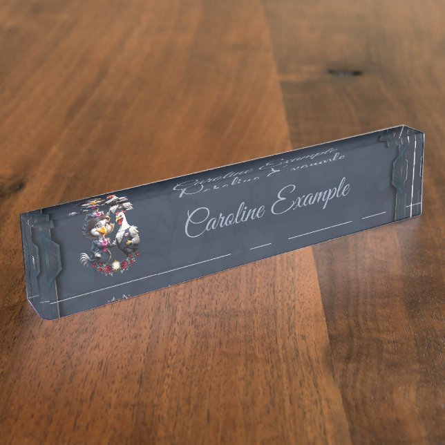 Porte-nom Pour Bureau Charmant couple de poulets caricaturaux. (Taille)