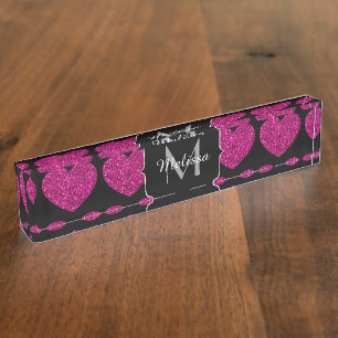 Porte-nom Pour Bureau Chaud coeur rose faux pétille motif Monogramme
