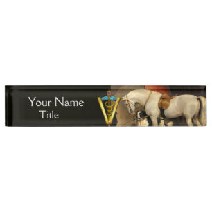 Porte-nom Pour Bureau Cheval blanc avec chien / SYMBOLE VÉTÉRINAIRE CA