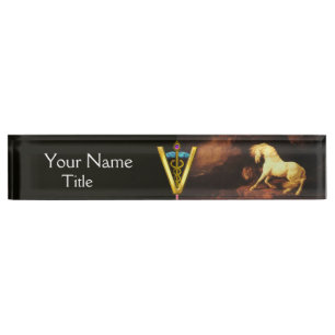 PORTE-NOM POUR BUREAU CHEVAL BLANC ET LION / SYMBOLE VÉTÉRINAIRE CADUCUS