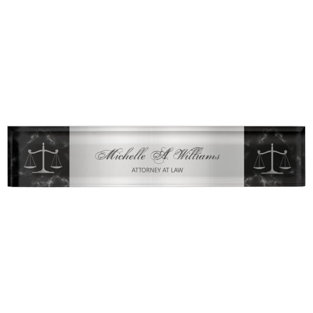 Porte-nom Pour Bureau Chic Black Marble Argent Scales de justice Avocat (Devant)