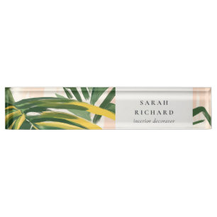 Porte-nom Pour Bureau Chic Boho Blush Green Tropical Palm Plage Feuille