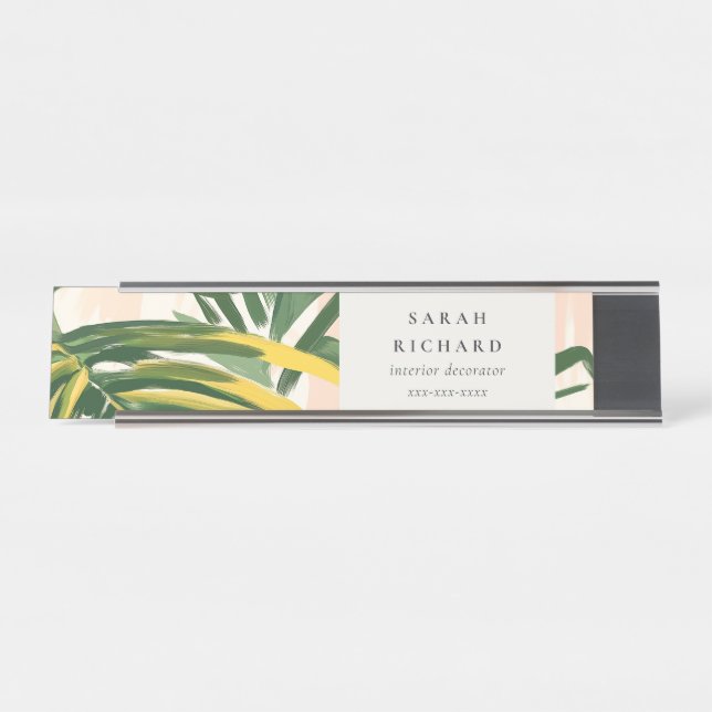 Porte-nom Pour Bureau Chic Boho Blush Green Tropical Palm Plage Feuille (Devant)