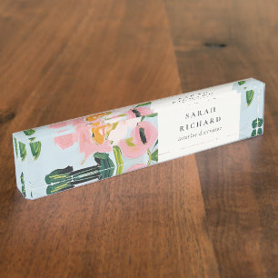 Porte-nom Pour Bureau Chic Boho coloré rose bleu vert peint Floral