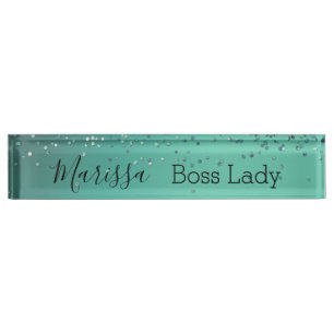 Porte-nom Pour Bureau Chic Glitterie Turquoise Personnalisé Boss Lady