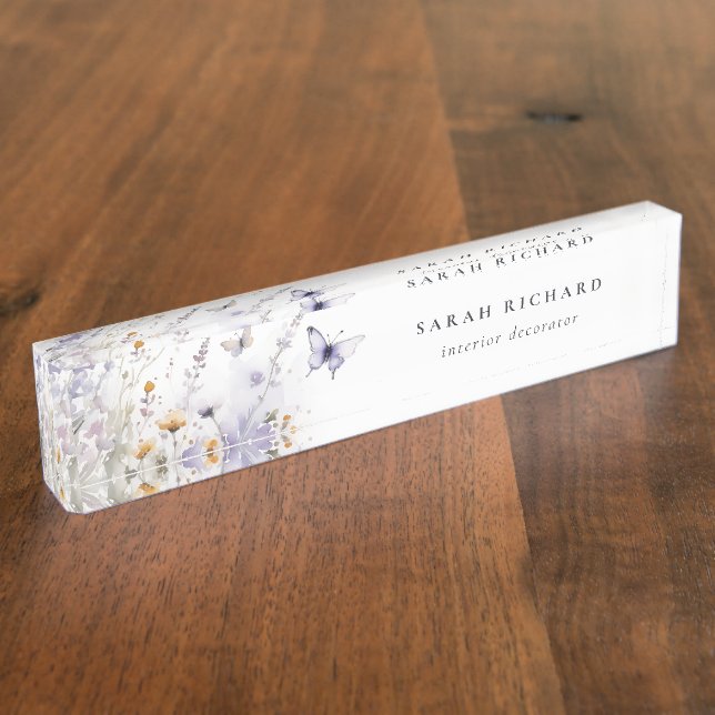 Porte-nom Pour Bureau Chic Lilac Purple Fleur sauvage Papillon Aquarelle (Taille)