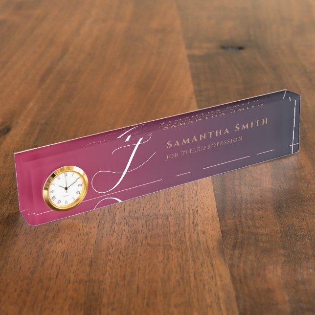 Porte-nom Pour Bureau Chic luxe dégradé Bourgogne et or Monogramme (Taille)