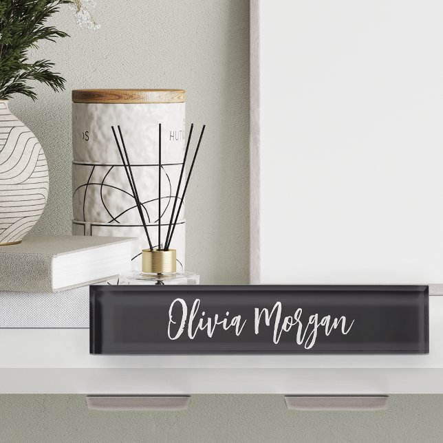 Porte-nom Pour Bureau Chic noir et blanc esquissé nom de script cursif (Créateur téléchargé)