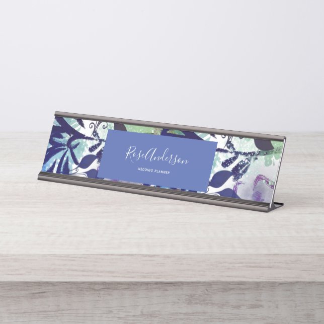 Porte-nom Pour Bureau Chic Typographie Florale Bleu Violet (Devant)
