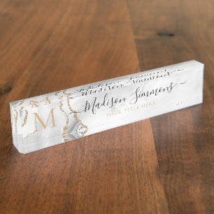 Porte-nom Pour Bureau Chic White Gold Parties scintillant Agate Monogram