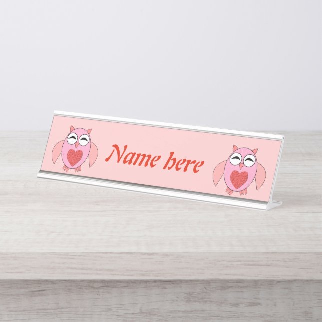 Porte-nom Pour Bureau Chouette de coeur rose (Devant)