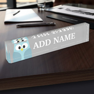 Porte-nom Pour Bureau Chouette de dessin mignonne - Nom personnalisé bl