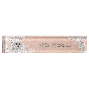 Porte-nom Pour Bureau Chouette Mignonne Cerisier Rose Pailleté Professeu