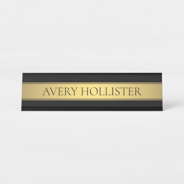 Porte-nom Pour Bureau Classy Faux Gold Stripe & Black Arrière - plan ou  (Devant)