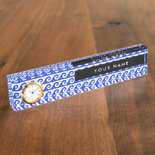 Porte-nom Pour Bureau Clé de méandre grecque, Clé de vague, Bleu, Votre