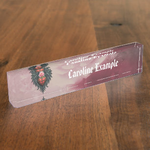 Porte-nom Pour Bureau Coeur gothique avec Fleur et Ailes.