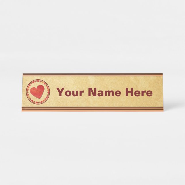 Porte-nom Pour Bureau Coeurs Feuilles Automne Sur Vieux Papier (Devant)