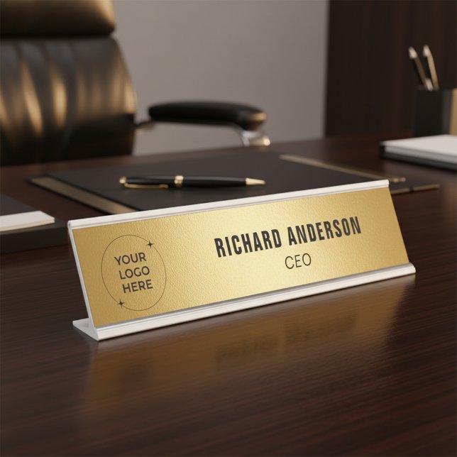 Porte-nom Pour Bureau Company Logo Name Title Modern Gold Texture (Créateur téléchargé)