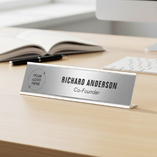 Porte-nom Pour Bureau Company Logo Name Title Modern Silver Texture