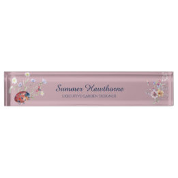 Porte-nom Pour Bureau Cottage botanique de Ladybug à fleurs Coeur Mauve 