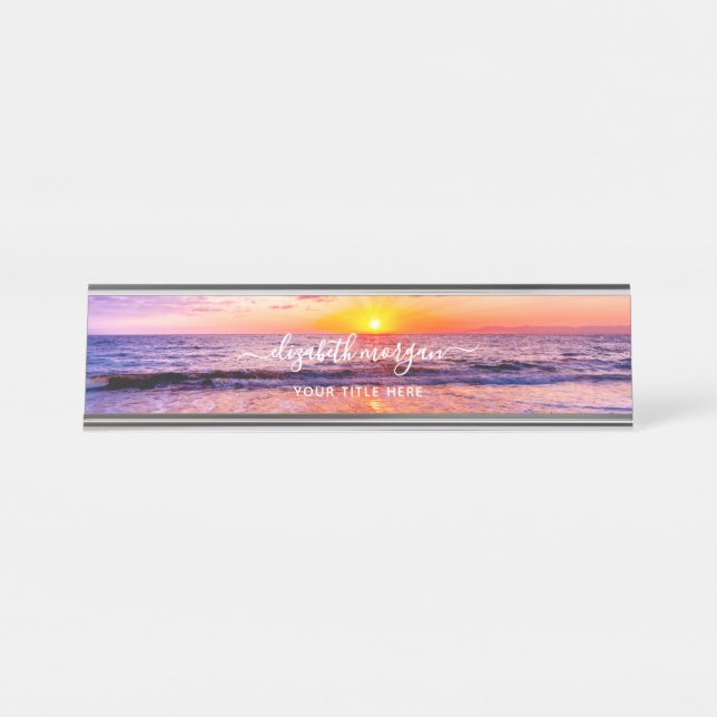 Porte-nom Pour Bureau Coucher de soleil sur la plage côtière Océan Vague (Devant)