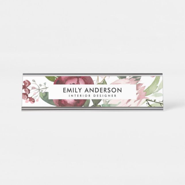 PORTE-NOM POUR BUREAU COULEUR D'EAU FLORALE BLANC ROSE BURGUNDY (Devant)