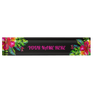 Porte-nom Pour Bureau Couleur vive Fleurs tropicales Feuilles d'hibiscus