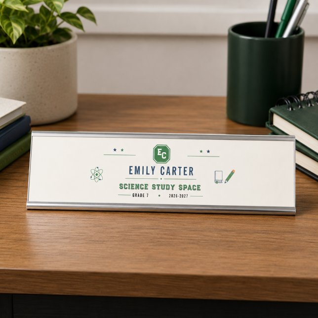 Porte-nom Pour Bureau Couverture personnalisée de l'école de sciences ve (Personalized Navy Green Science School Cover Desk Name Plate
)
