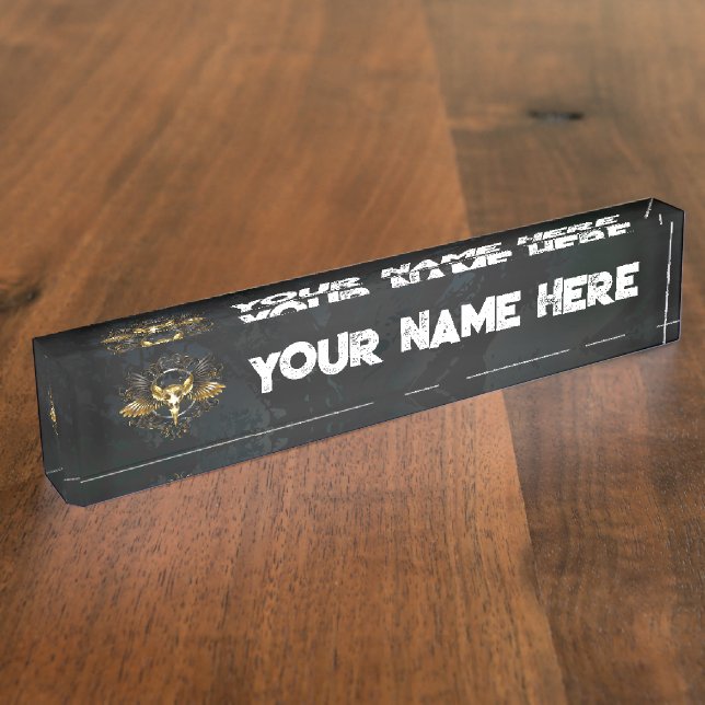 Porte-nom Pour Bureau Crâne d'oiseau doré sur fond noir (Taille)
