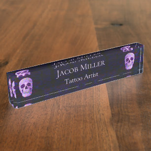 Porte-nom Pour Bureau Crâne gothique Visage bleu violet Tatouage Boutiq