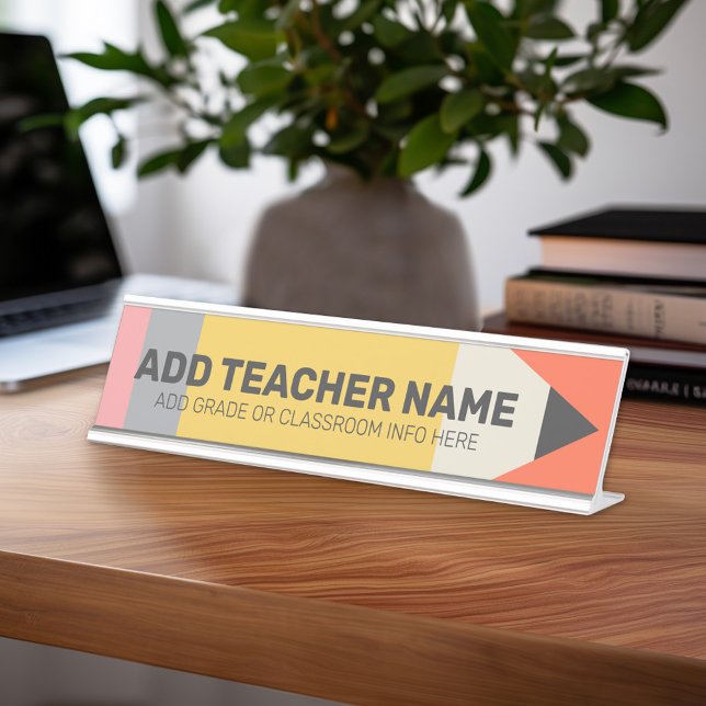 Porte-nom Pour Bureau Crayon moderne avec informations sur l'enseignant  (Teacher Desk Name Plate - Great Teacher Appreciation Gift or Classroom Decor)